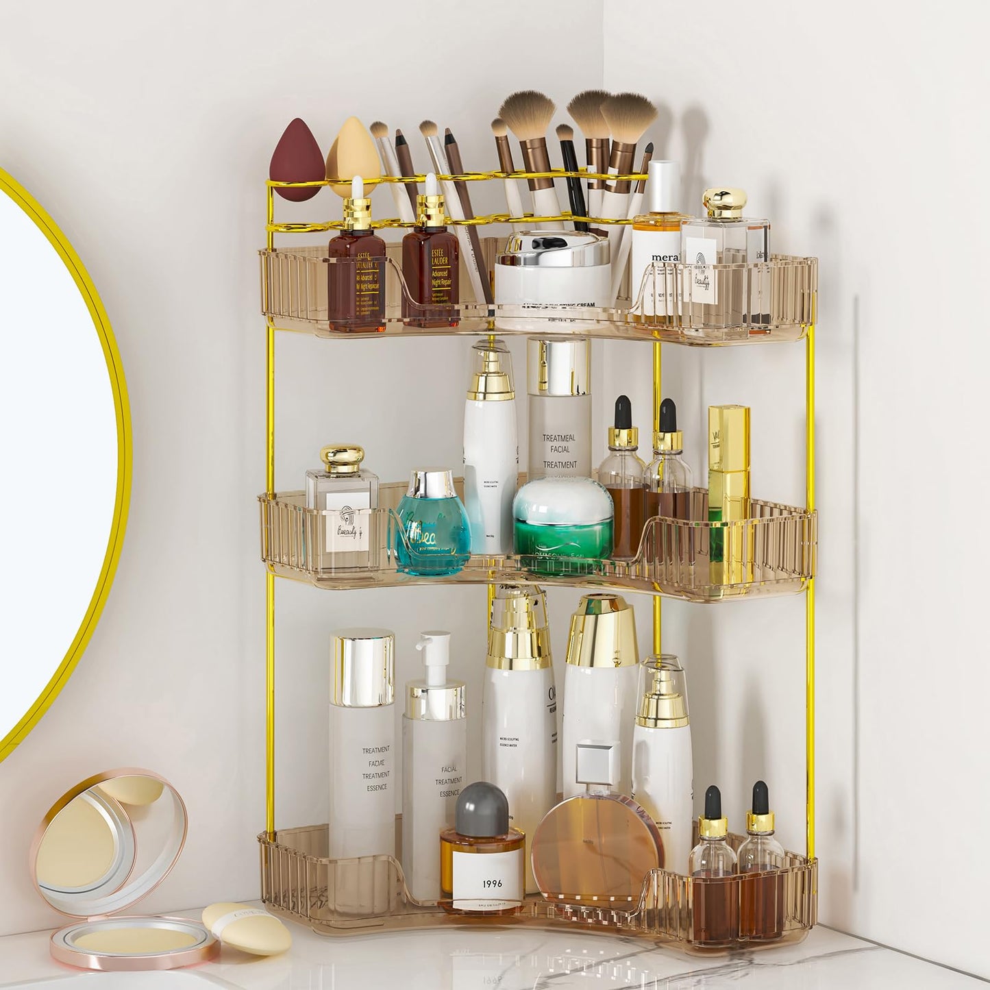 SUNZOS Corner Bathroom Counter Organizer, 3-Tier Countertop Perfume Tray Organizer with Makeup Brush Holder, Vanity Makeup Cosmetic Storage for Dresser