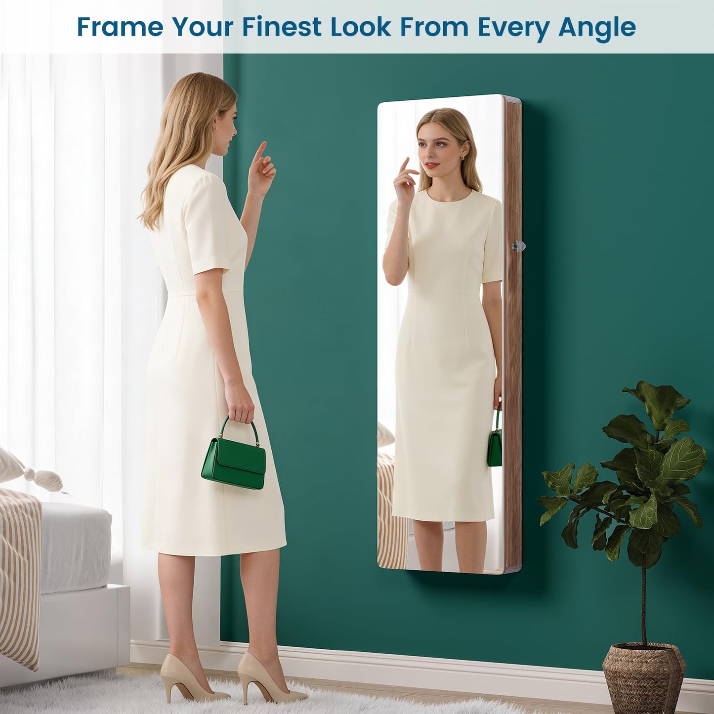HNEBC Full Length Mirror with Storage, Wall Mounted Jewelry Cabinet with Lights, Lockable Over Door Jewelry Organizer with Drawer, Foldout Makeup Tray 47.2" Hx14.5 Wx3.9 D,Natural