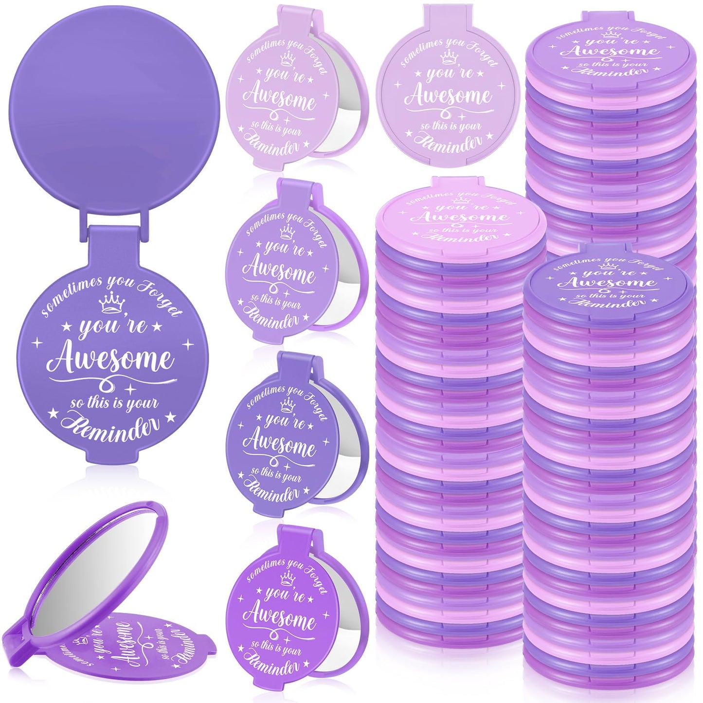 Gulfmew 100 Pcs 2.76 Inch Inspirational Compact Mirror Bulk Women Small Gifts Graduation Mothers Day Party Favors Purse Mirror Pocket Mini Items for Adult Coworker Cheerleader Swag Bag (Purple Series)