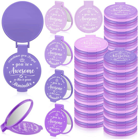 Gulfmew 100 Pcs 2.76 Inch Inspirational Compact Mirror Bulk Women Small Gifts Graduation Mothers Day Party Favors Purse Mirror Pocket Mini Items for Adult Coworker Cheerleader Swag Bag (Purple Series)