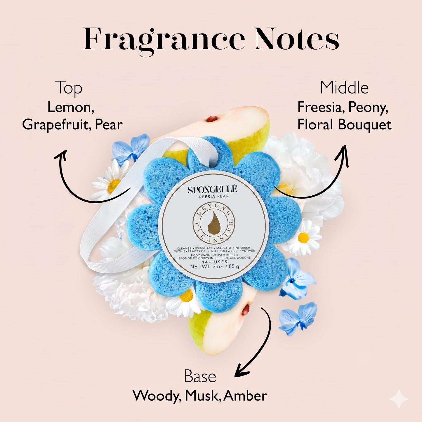 Spongellé Freesia Pear Wild Flower Bath Sponge | Built-in Body Wash & Body Scrubber, Shower Loofah Sponge for Women | 14+ uses