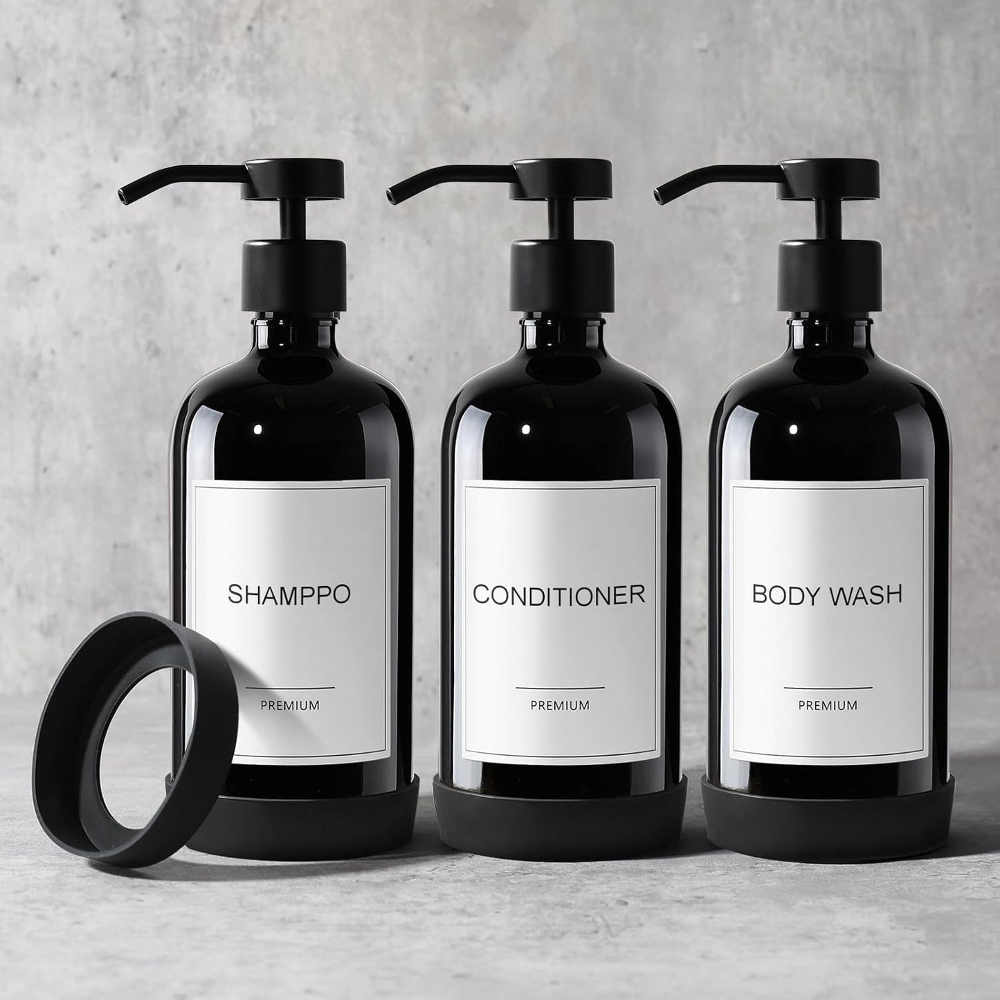 GMISUN Plastic Shampoo and Conditioner Dispenser with Silicone Sleeves, 21 oz Black Shower Soap Dispenser Bottles with Labels, Refillable Shampoo Conditioner Body Wash Dispensers Set of 3