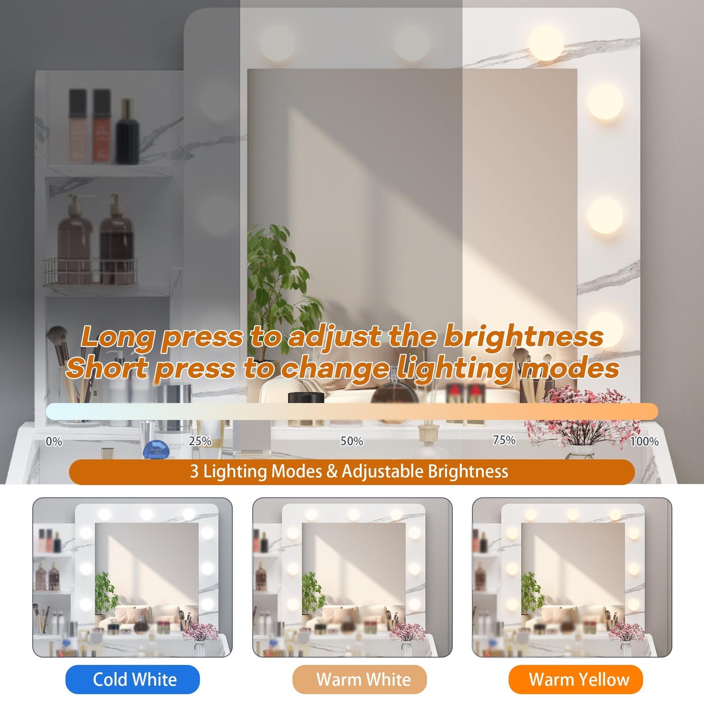 Garvee Marble White Vanity Table Set with Large Mirror – Dimmable LED Lights, 7 Drawers, Cushioned Stool, Adjustable Lighting, Power Outlet, Hairdryer Holder – Bedroom, Marble White