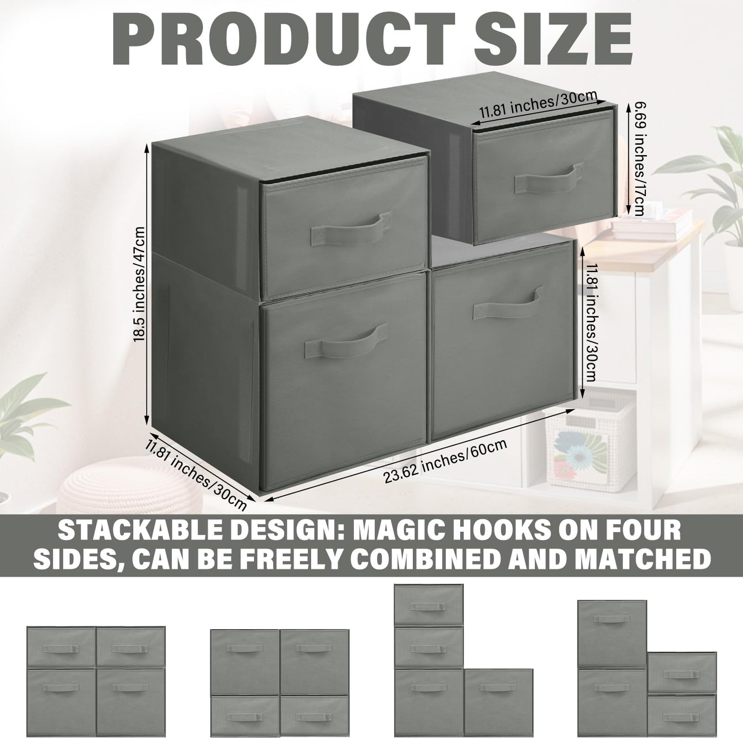 Weysat Stackable Under Dorm Bed Storage Container 18.5'' x 23.6'' Foldable Closet Drawer Organizer Fabric Storage Cube Bins for Clothes Dorm Essentials College Closet Bedroom Living Room Nursery(Gray)