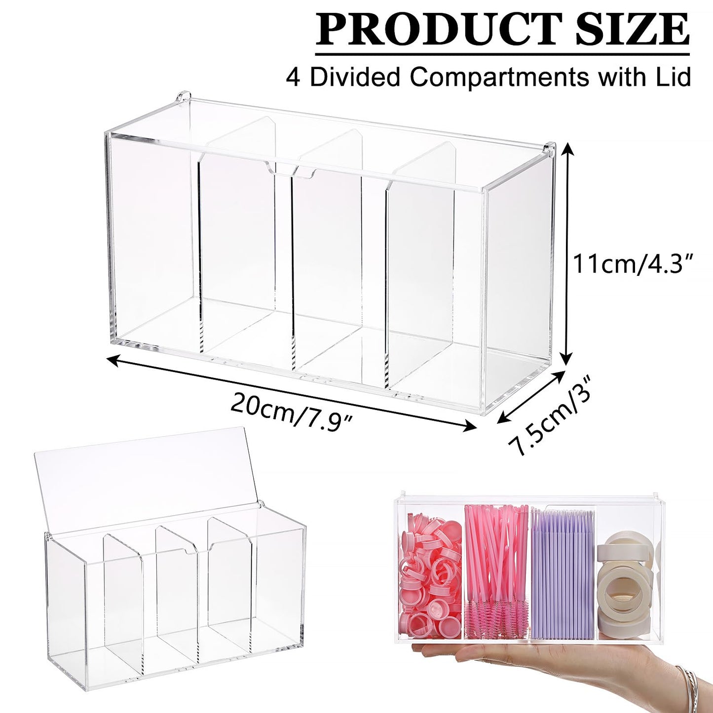 ELLDOO Lash Extension Organizer Box with Lid, Acrylic Eyelash Supplies Organizer Storage Box, 4 Compartments Bathroom Supplies Storage Container for Cotton Swabs, Balls, Pads, Floss Picks