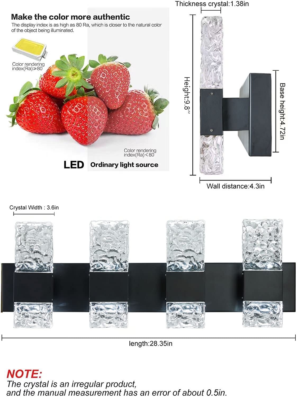 OYLYW Black Bathroom Light Fixtures Crystal Bathroom Vanity 4 Light Over Mirror Modern LED Wall Light ，6000K Cool Light，40 Watts