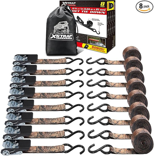 XSTRAP STANDARD Ratchet Straps, 900 LB Break Strength, 8-Pack 10FT Ratchet Tie Down Straps Set for Motorcycle Straps Tie Downs, Appliances, Lawn Equipment, Logistic Cargo Straps for Trucks(Camouflage)