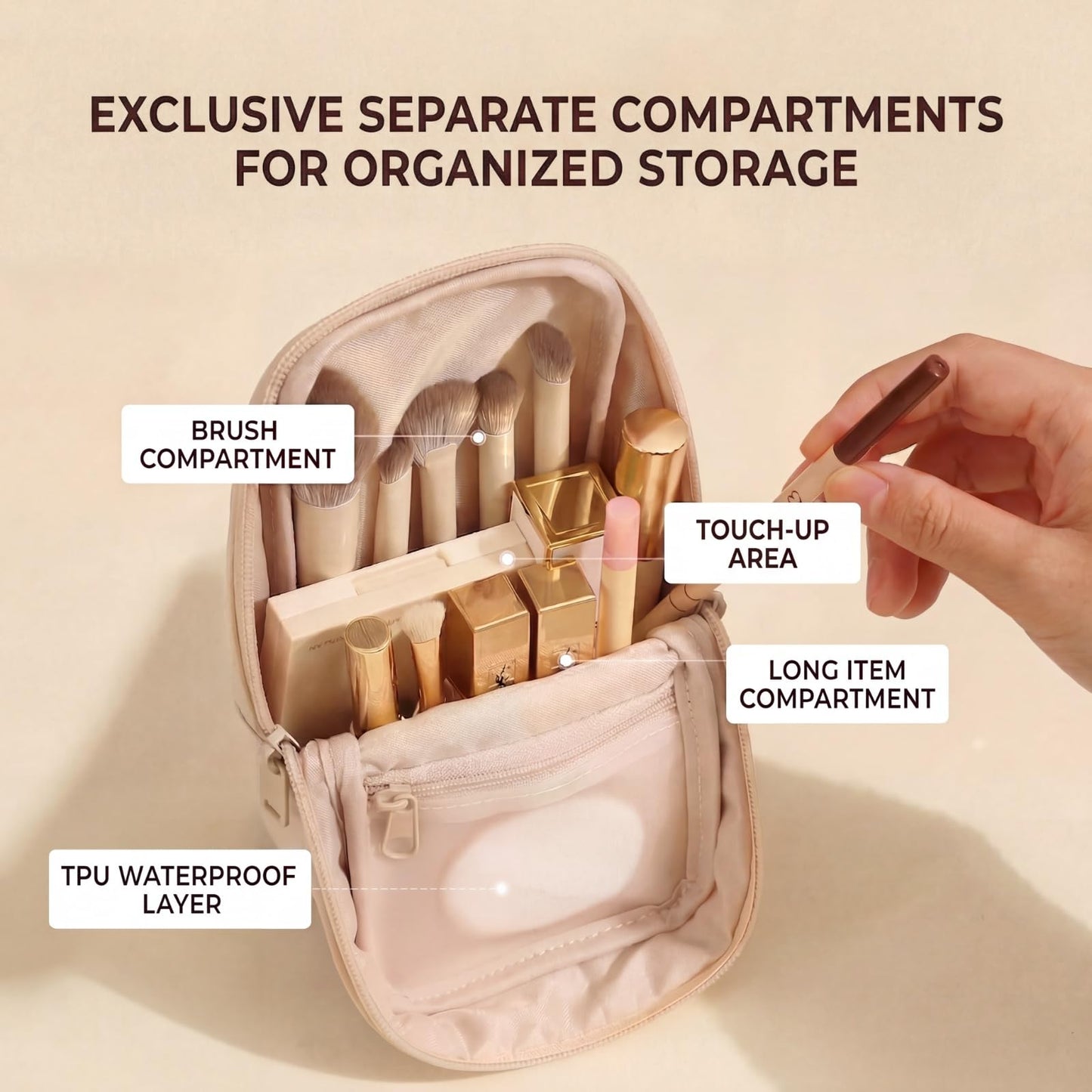 Lestikave Standing Travel Makeup Bag,Brush Holder, Small Waterproof PU LeatherMakeup Bag,Cosmetic Bag with Compartments,Portable Brush Storage Dustproof Bag Case(01Beige)