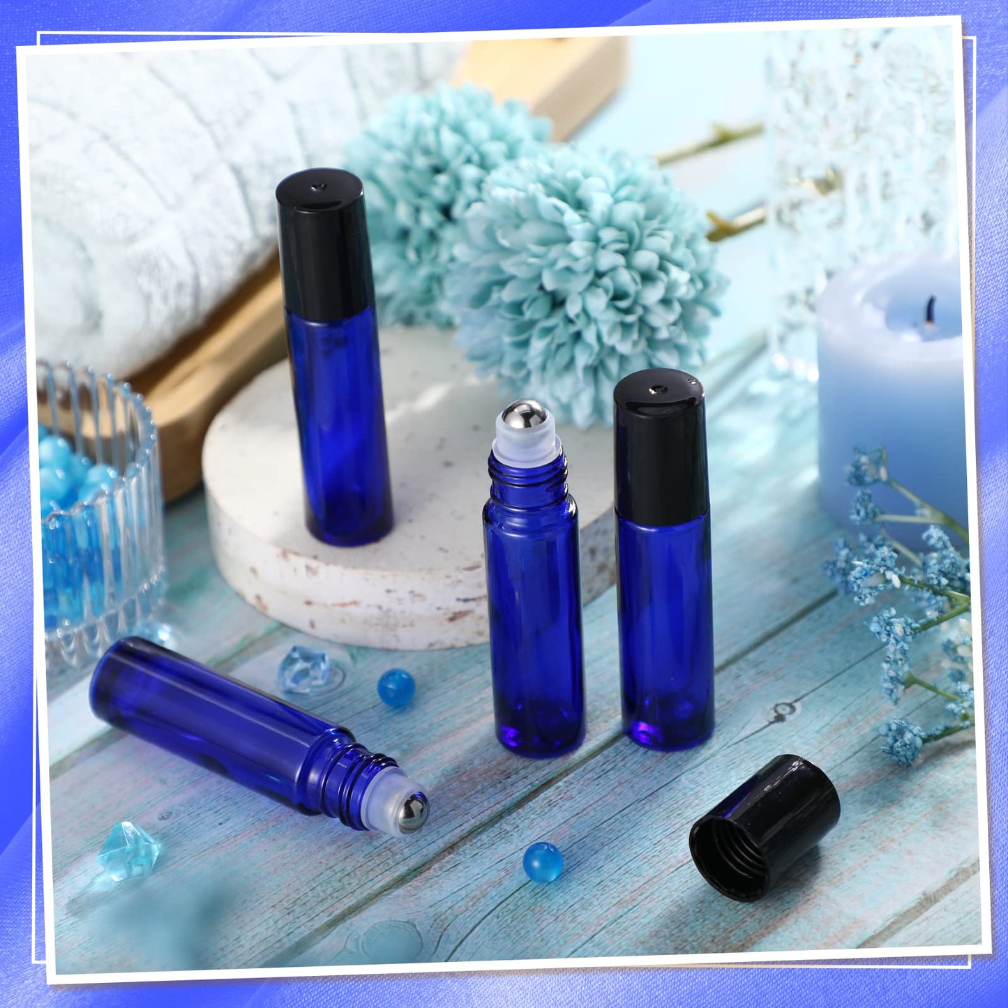 Sumind Essential Oil Roller Bottles - 250 Pcs, 10 ml Glass, Stainless Steel Roller Balls, Leakproof, Funnel Included(Blue)