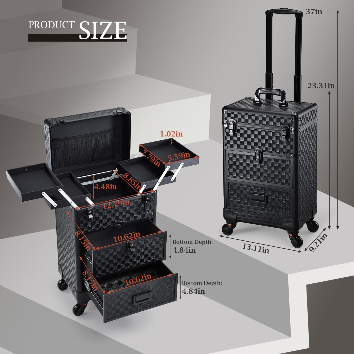 Stagiant Rolling Makeup Case with Drawers Cosmetology Case on Wheels 3 IN 1 Makeup Case 2 Drawers with Foot Stand Spring-release Mechanism Rolling Make Up Organizer for Artist Salon Nail Teach Trunk