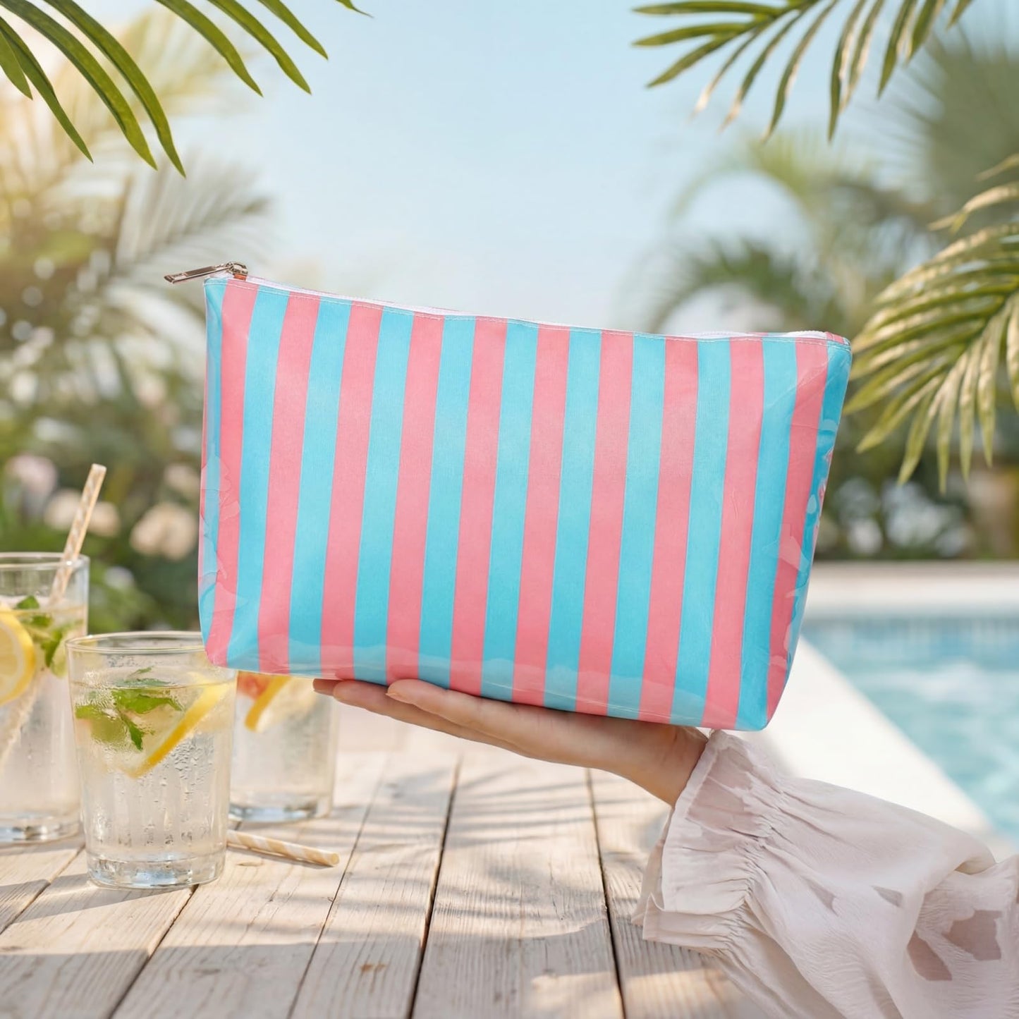 Lestikave Large PVC Waterproof Striped Makeup Bag,Clear Coated Cosmetic Bags,Easy to Clean,Travel Organizer Zipper Pouch Beach Vacation Essentials for Women Girls(12Pink Blue)