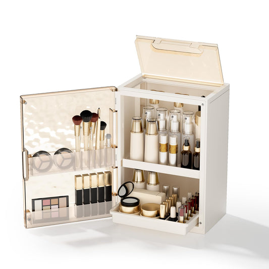 AERCIINC Makeup Organizer with Drawers and Lid, Large Skincare Organizer for Vanity, Dustproof Cosmetic Organizer and Makeup Storage Box with Brush Holder for Dresser, Bathroom Countertop