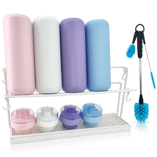 WAKUBON Water Bottle Drying Rack for Kitchen Counter – Cup Drying Rack, Tumbler, Mug & Glass Drying Rack Drying Rack, 2 Tier with Drain Tray and Cleaning Brush Set (White)