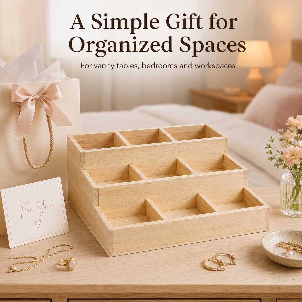 Zerodeko Multi-Layer Wooden Jewelry Storage Box with 9 Compartments Compact Jewelry Organizer for Earrings Necklaces Ideal for Vanity Office and Bedroom