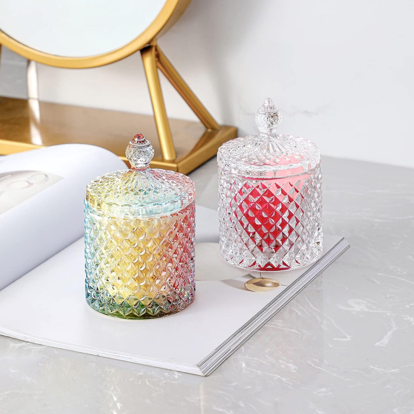 rejomiik Qtip Holder Glass Apothecary Jars with Lid Bathroom Accessories Vanity Organizers and Makeup Storage for Cotton Swabs, Makeup Sponges, Bath Salts, Canister Dispenser, 2 Pack Rainbow