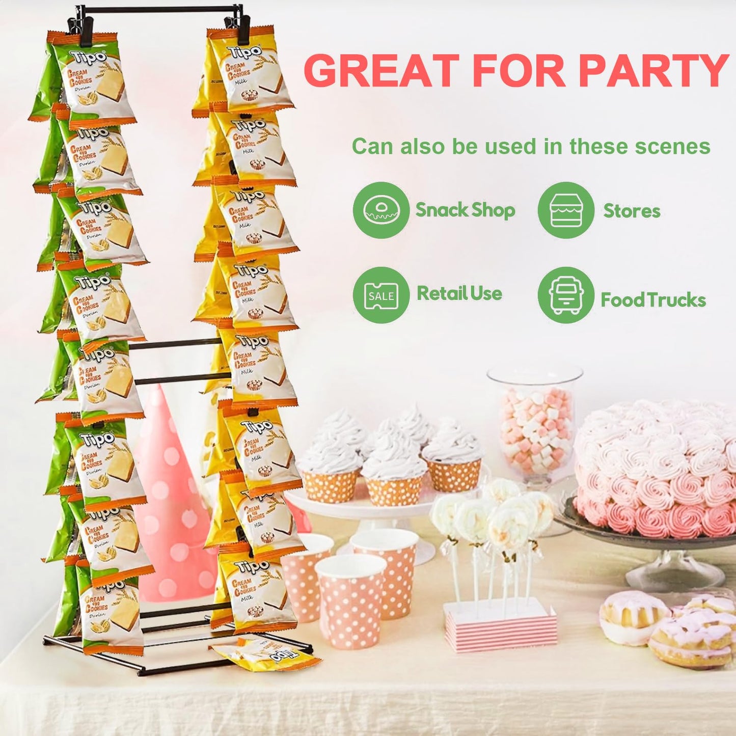 ROSROSE Chip Rack Display Stand, Potato Chip Rack Bag Holder with 28 Clips, 2 Row Chip Display Stand for Party, Black Retail Snack Display for Countertop, Store Concession Stand - 2025 Upgraded