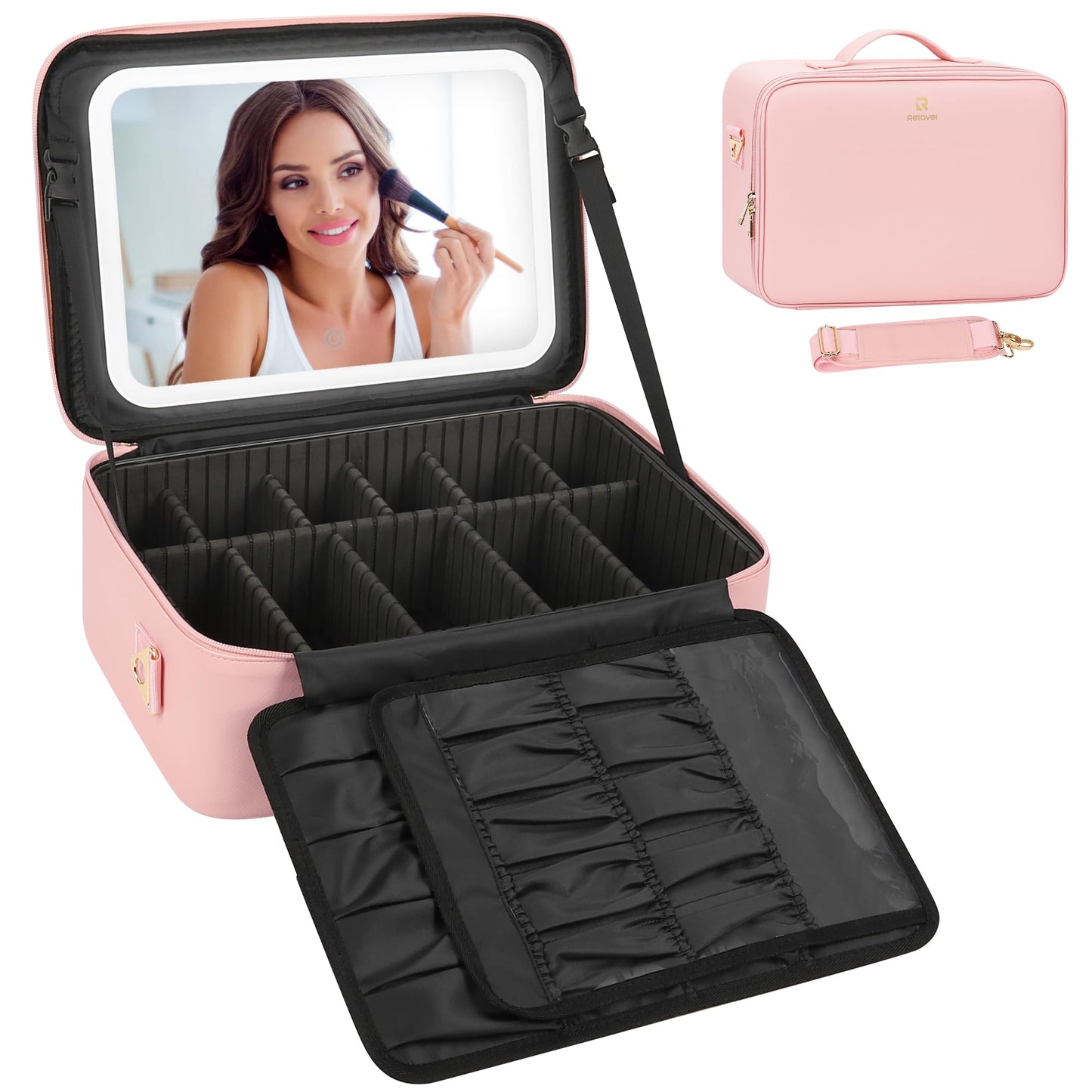Relavel Large Makeup Case with LED Mirror, Train Cosmetic Case with Separate Brush Board, Professional Makeup Organizer Storage with Detachable Dividers for Makeup Artists, Hairstylist - Pink