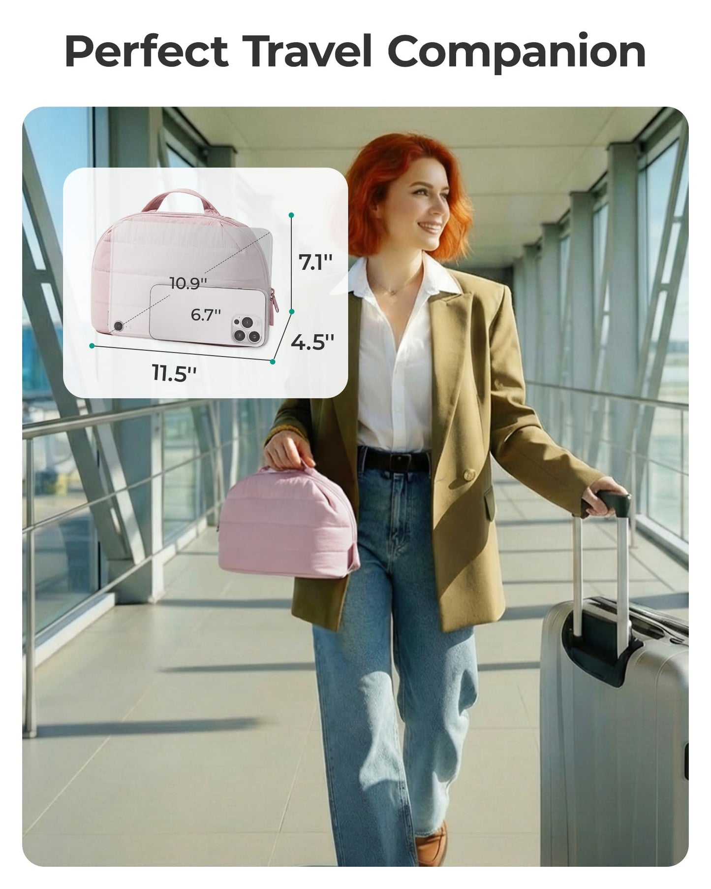 BAGSMART Travel Makeup Bag for Women, Portable Fold-down Cosmetic Case, Puffy Padded Make Up Organizer Pouch, Water-resistant Toiletry Bag for Toiletries, Brushes (Baby Pink)