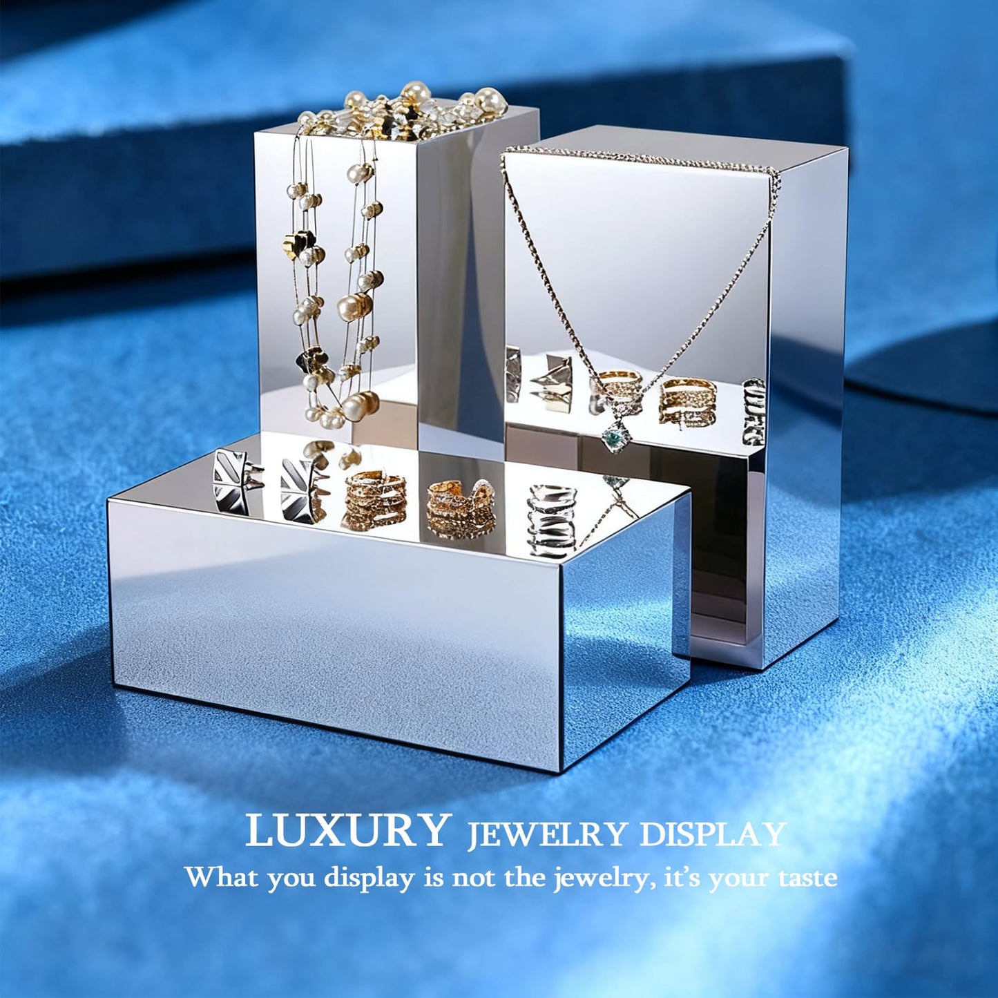 K KAIDIYIN Silver Display Riser Stand, 1 Piece, 9.84x5.9x3.93", Stainless Steel Product Display Platform, 6 Sided Square Mirrored Shoe Display Stand, Purse Handbag Jewelry Showpeice Display (RCS 50% Recycled Post-consumer Metal)