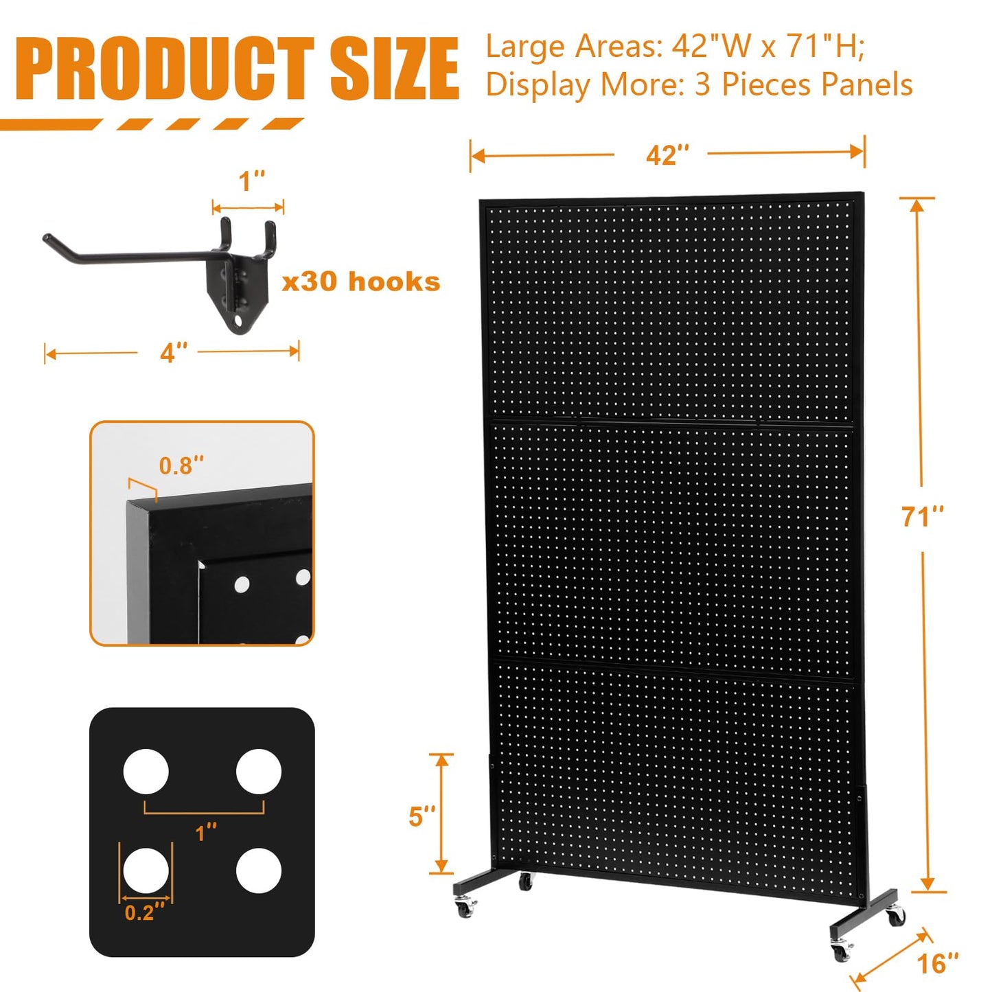 NectaCol 3.5'x 6' Metal Pegboard with T-Base, Peg Board Display Stand With Wheel, Big Standing Pegboard Display, Art Display Stand with 30 Hooks for Retail Store, Black