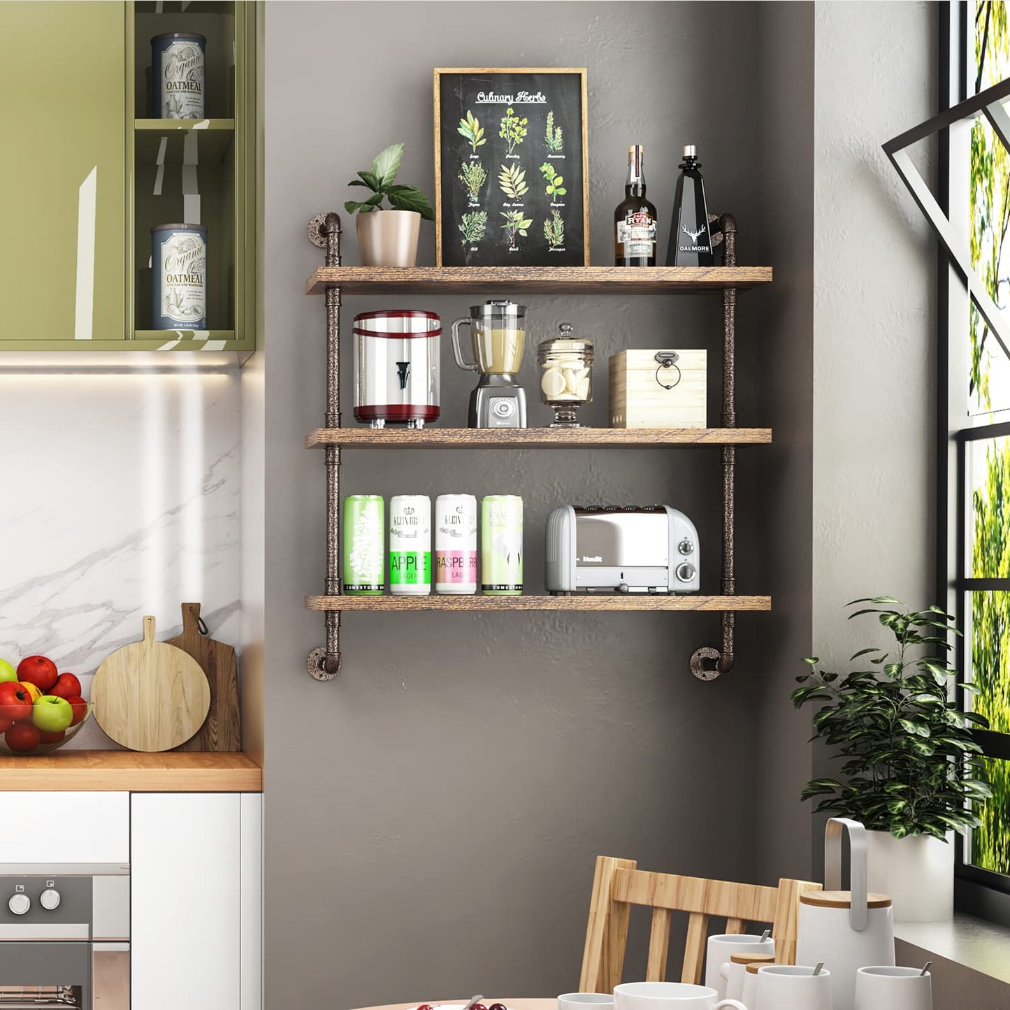 Helsin 3 Tier Industrial Pipe Shelf Rustic Wood Floating Wall Display Bookshelf Storage Rack Sundries Holder for Kitchen Office Bathroom Organization and Home Decor (32 Inch)