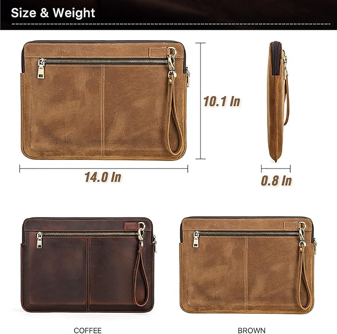 Top Grain Leather 14.2" Slim Laptop Sleeve Case Bag, Vintage Design with 2 Zip Pockets, Handmade, Compatible with MacBook Pro 14" 2021 2022 M1 Pro/M1 Max A2442 & Other PC, Brown 14.2 Inch