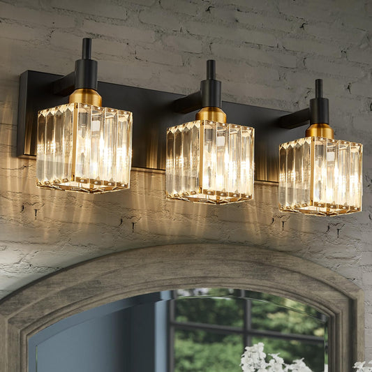 HUOKU Modern Crystal Bathroom Vanity Light 3-Light Brass Wall Light Fixtures Over Mirror Black and Gold Vanity Lighting for Bathroom Square Shade Brass Wall Sconce