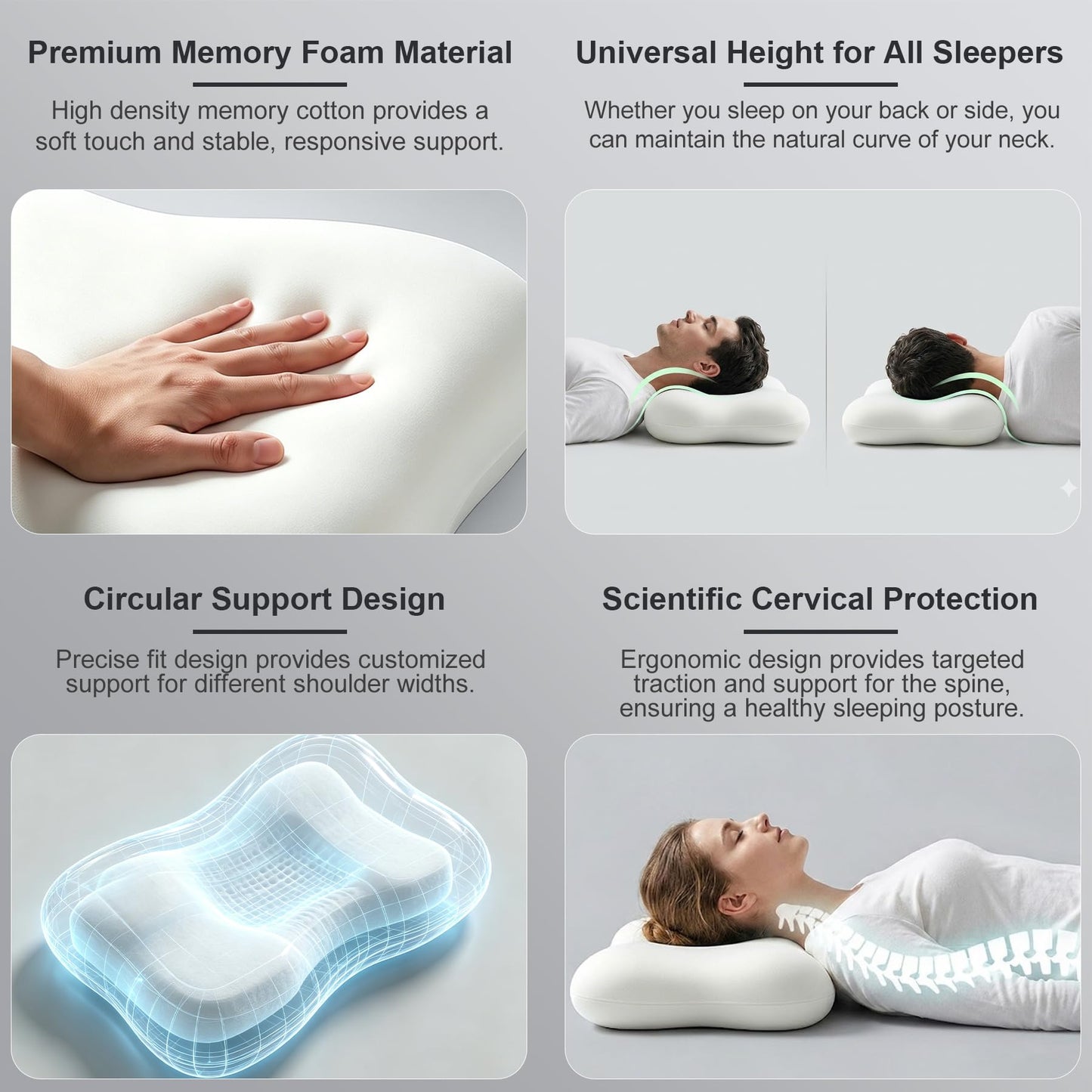 doudou Cervical Pillow for Side Sleepers - Neck Pain Relief Pillow with 3-5 Second Slow Rebound Memory Foam, 360° Ergonomic Support & Cooling Odor-Resistant Pillowcase for Home, Bed, Dorm Use