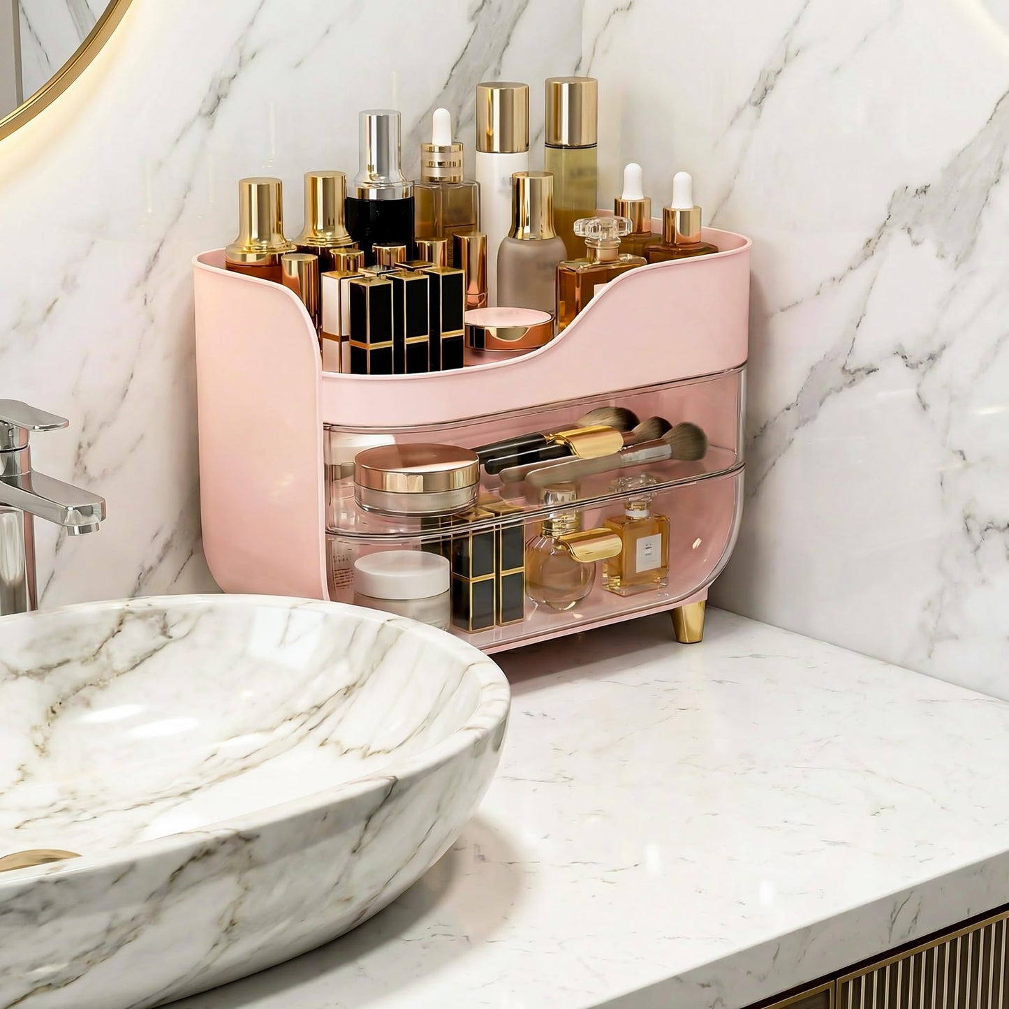 Asdbko Makeup Organizer for Vanity with Large Smooth Drawers Extra Large Skincare Organizer for Bathroom Countertop and Dresser, Crystal Clear Cosmetic Storage Display Case for Beauty Products