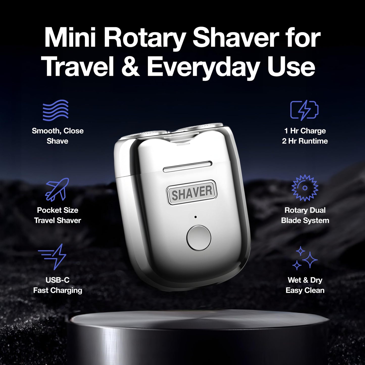 Onyx Shaver Mini Dual Head Rotary Electric Razor for Men, Portable Travel Groomer, USB-C Rechargeable Wet & Dry, Compact Pocket Size, Dual Speed, Detachable Easy Clean Head
