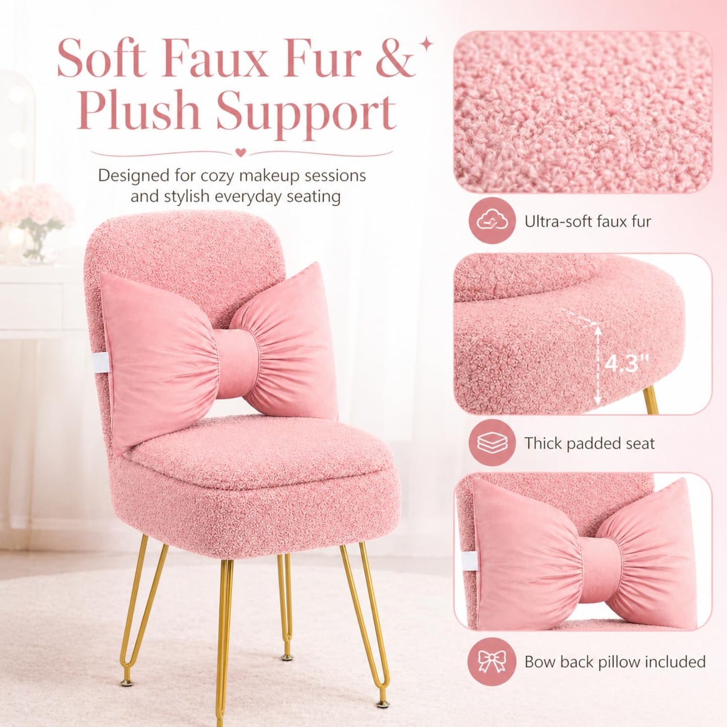 Novabright Small Vanity Stool Chair with Storage and Back Faux Fur Soft Ottoman Pink Bow Makeup Vanity Chair 13" x 14" x 30" Cute Small 4 Metal Leg for Makeup Bedroom Living Room Dressing Room