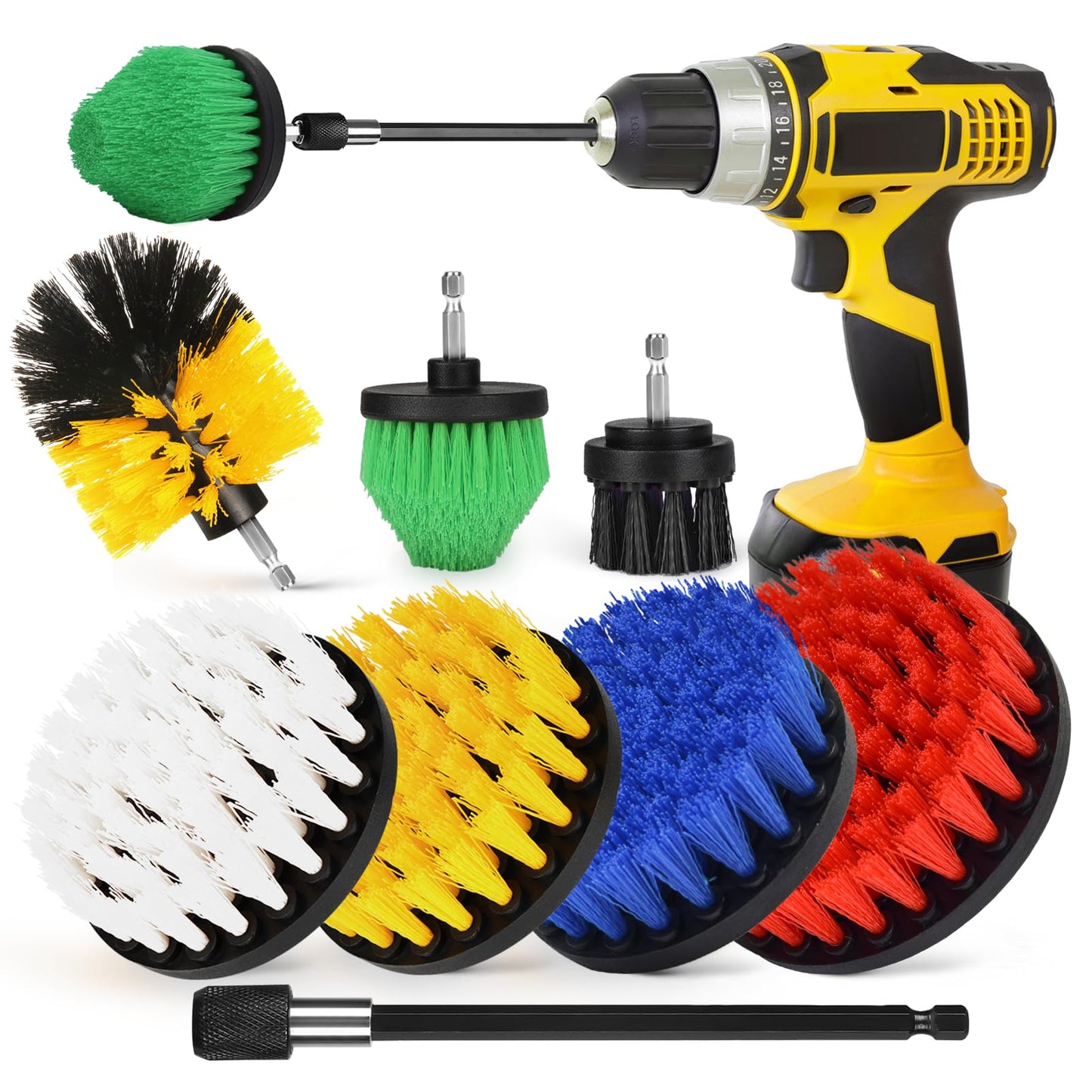 8 Pack Drill Brush Attachment Set,1/4in Power Scrubber Brush + Extend Long Attachment,Multi-Purpose Brush Drill Attachment, Power Cleaning Scrub Brush for Bathroom, Tub, Tile, Corner