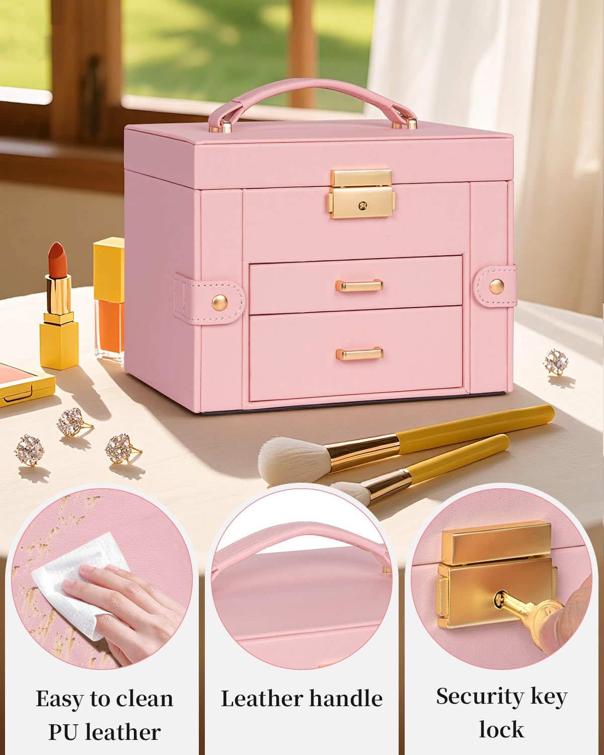 TORIBIO Jewelry Box for Women, Leather Jewelry Organizer with Mirror & Lock, 3-Tier Jewelry Storage Organizer with 2 Drawers for Girls/Women/Mothers, Necklace Earring Bracelets Holder Organizer