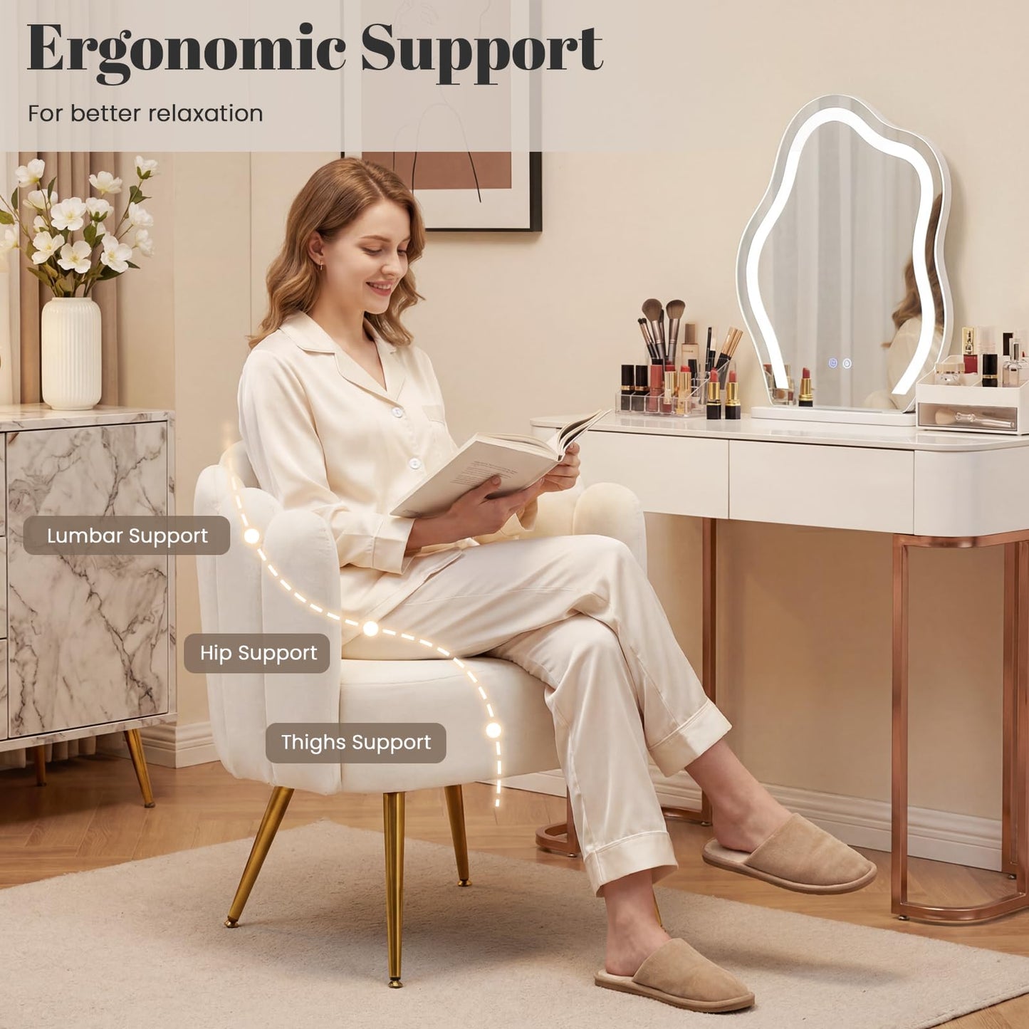 HOMREST Vanity Chair with Back,Velvet Accent Chairs,Petal Backrest Decorative Chair,Removable Pillow & Gold Legs - Plush Lounge Chair for Vanity, Living Room, Bedroom - Beige