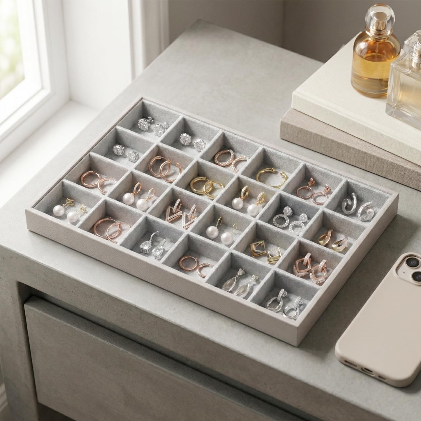 Gghenda 2-Piece Gray leather Stackable Jewelry Organizer Tray Set, Bracelet Ring Earring Holder Box, Necklace Display Stand for Storage and Retail Display (24 Grids)