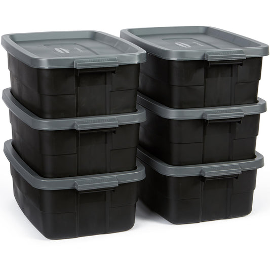 Rubbermaid 6-Pack Totes for Storage with Lids, Heavy Duty Plastic Storage Bins with Lids, Black Gray, 10 GAL - Stackable for Garage, Attic, Camping (10 GAL - 6 Pack Solid Black and Grey)