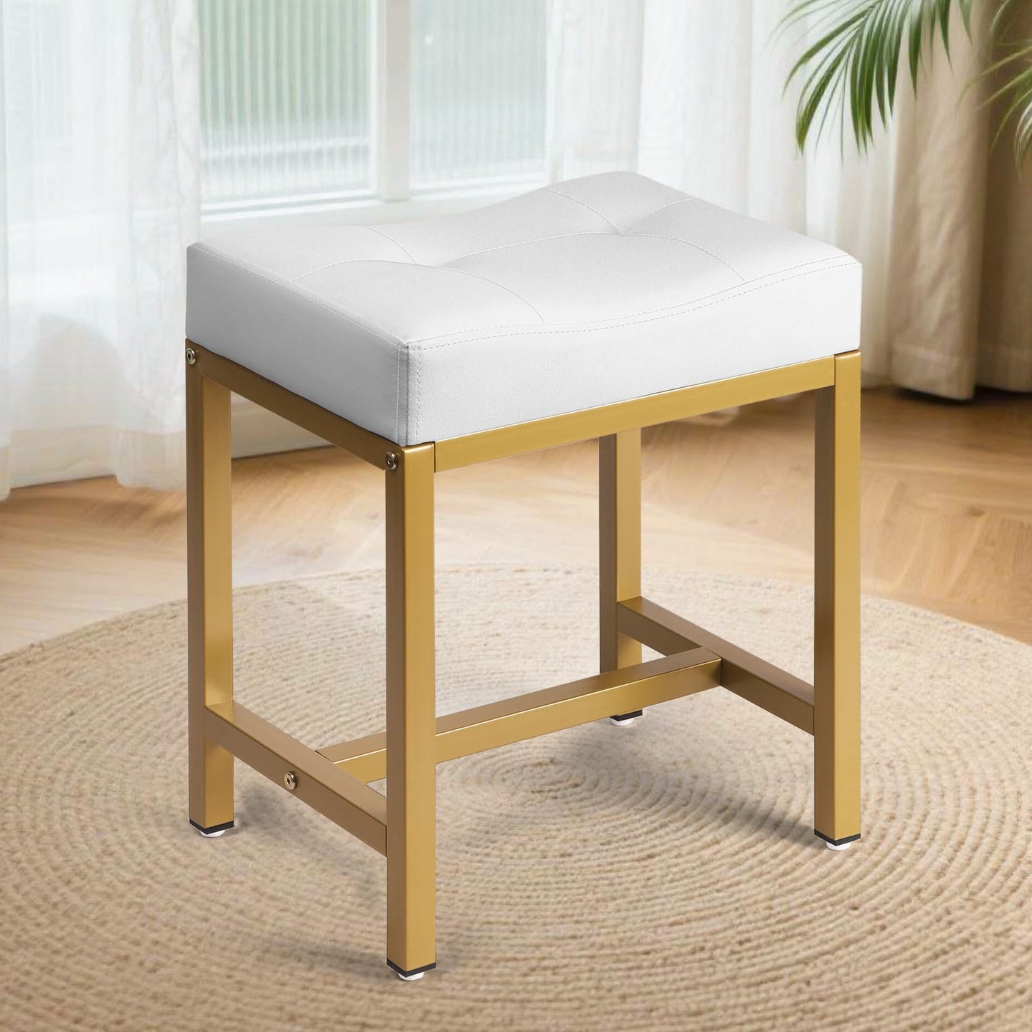 FLYZC Saddle Seat Vanity Stool, Makeup Stool Chair with Metal Leg, U-Shaped PU Leather Ottoman Foot Rest, Small Square Chairs Under Desk for Vanity, Living Room, Modern Makeup Bench White&Gold