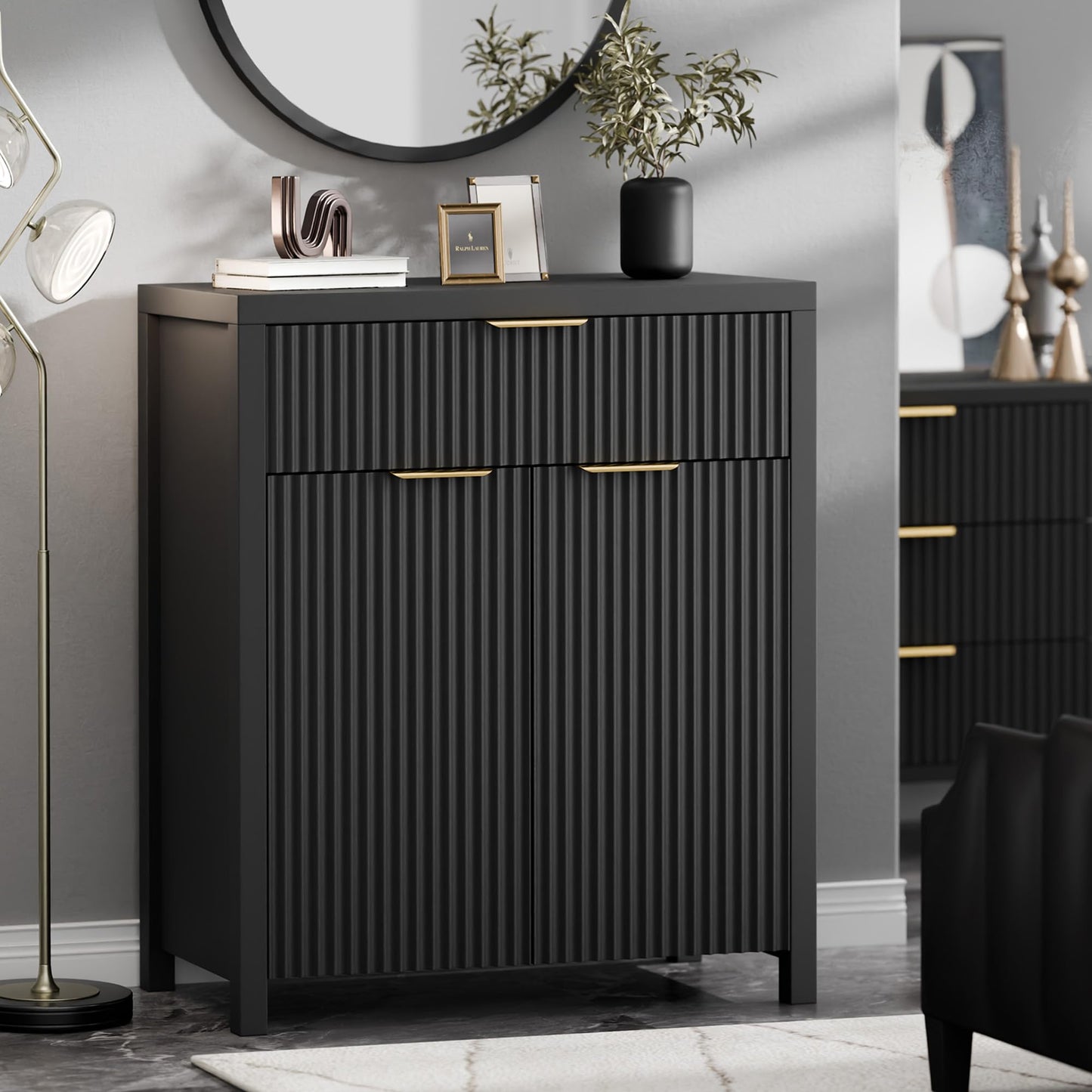 Lulive Fluted Buffet Cabinet for Kitchen, 28.3" Sideboard Cabinet Black