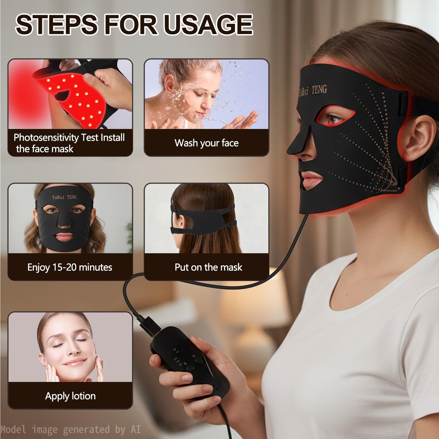 YuRui TENG Red Light Therapy for Face 7 -color light modes，3-in-1 Fusion LED Beads, 1200mAh red light therapy face mask with timer, suitable for home use ， Brighten and tighten skin tone (Black)