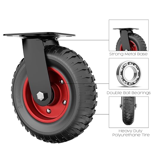 Houseables Cart Wheels, Rubber Caster Wheels, Large Caster, 8 Inch, Swivel, Heavy Duty, Outdoor, Off Road, Offroad, All Terrain, Flat Free Tire, No Flat, Industrial, Castor, for Dolly, Utility Cart