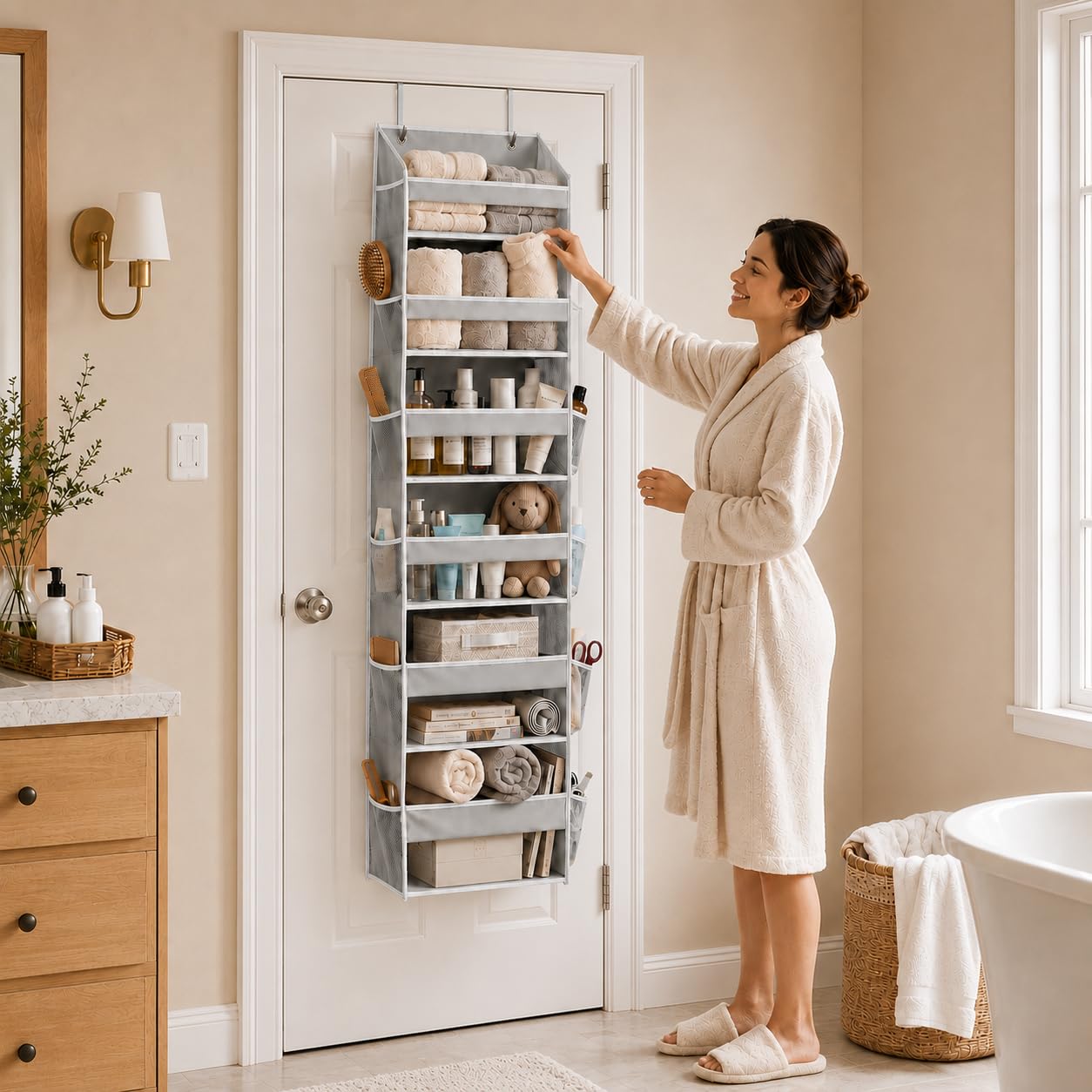 HOMELUX THEORY UPGRADED 6 Tiers Over The Door Organizer Hanging - 100D EXTRA THICK & 50lbs HUGE CAPACITY, 12 Side Mesh Pockets Over The Door Shoe Organizer, Hanging Closet Organizer (Light Gray, 1pc)