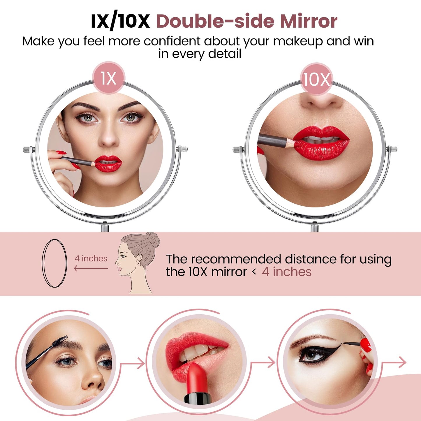AumVum 8" Makeup Mirror with Lights, Vanity Mirror with 1X/10X Magnification, Touch Screen 3 Colors Dimmable 54 LED Lights Brightness Adjustable 360° Rotation for Tabletop