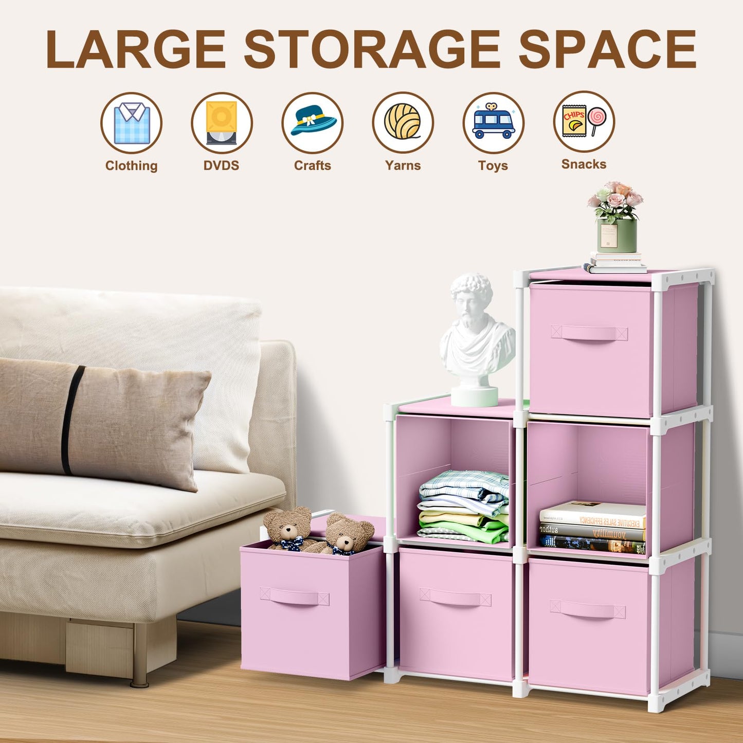 Briwooody 6 Cube Storage Organizer Bins with Shelf 11x11 Cabinet Drawer Dresser Closet Organizer and Storage Fabric Toy Boxes for Nursery Playroom Back to School Dorm for Clothes (Macaroon Pink)