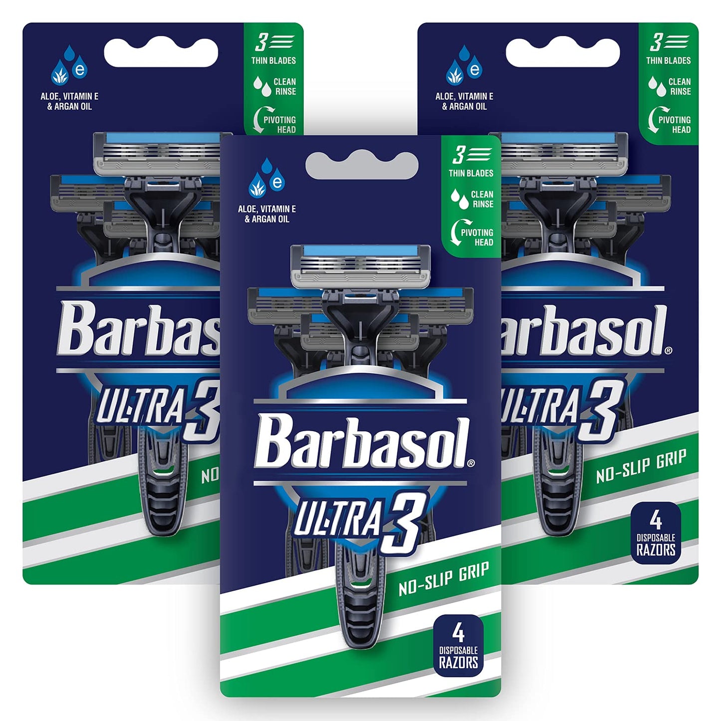 Barbasol Ultra 3 Value Pack | Premium 3 Blade Disposable Razors | Disposable Shaving Razor Bundle | Close Shave Technology, Pivoting Head, Open Flow Blades (3 Packs/12 Total Razors)
