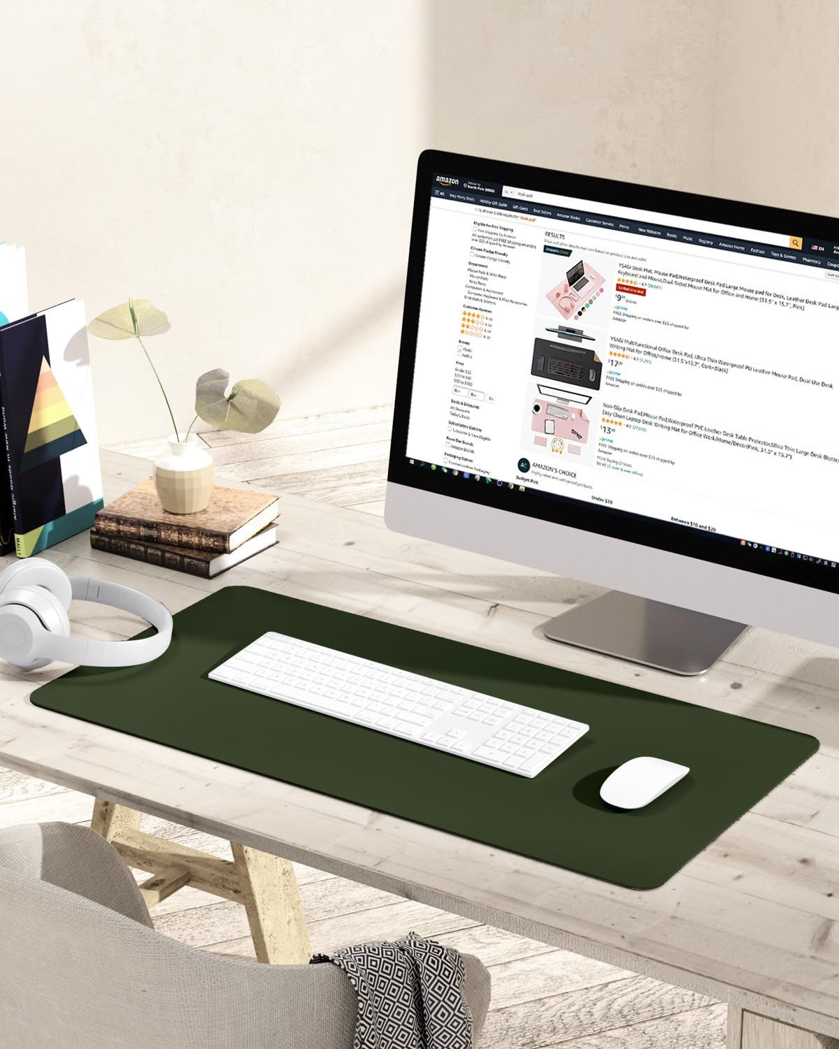 YSAGi Non-Slip Leather Desk Pad, Waterproof Laptop Computer Desk Keyboard Mat, Table Protector Blotter Mat, Large Mouse Pad for Office/Work/Home/Decor(Olive Green, 31.5" x 15.7")
