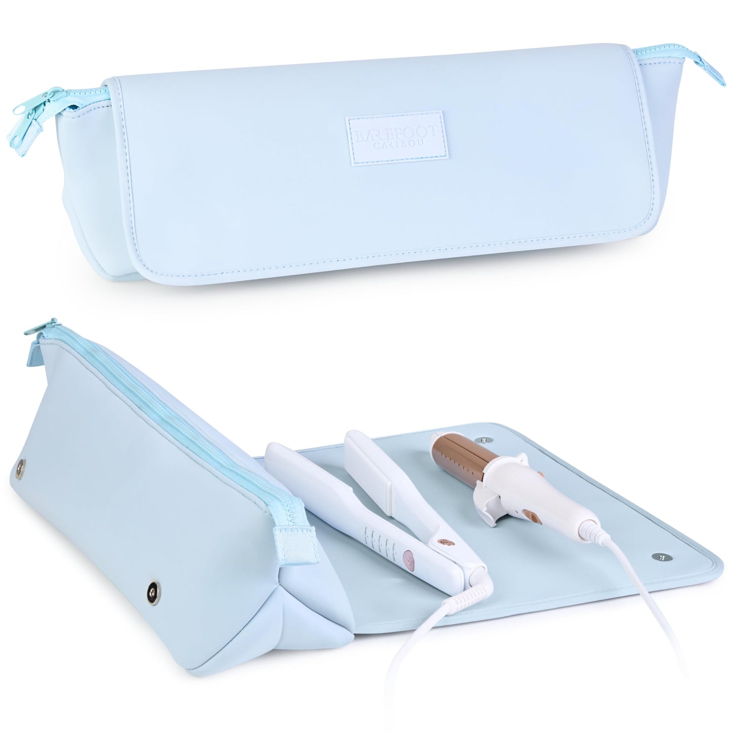 BAREFOOT CARIBOU Hair Tools Travel Bag and Heat Resistant Mat (15.5") for Flat Irons, Straighteners, Curling Iron, and Haircare Accessories, 2-in-1 design, with Interior Pockets, Organizer (Baby Blue)