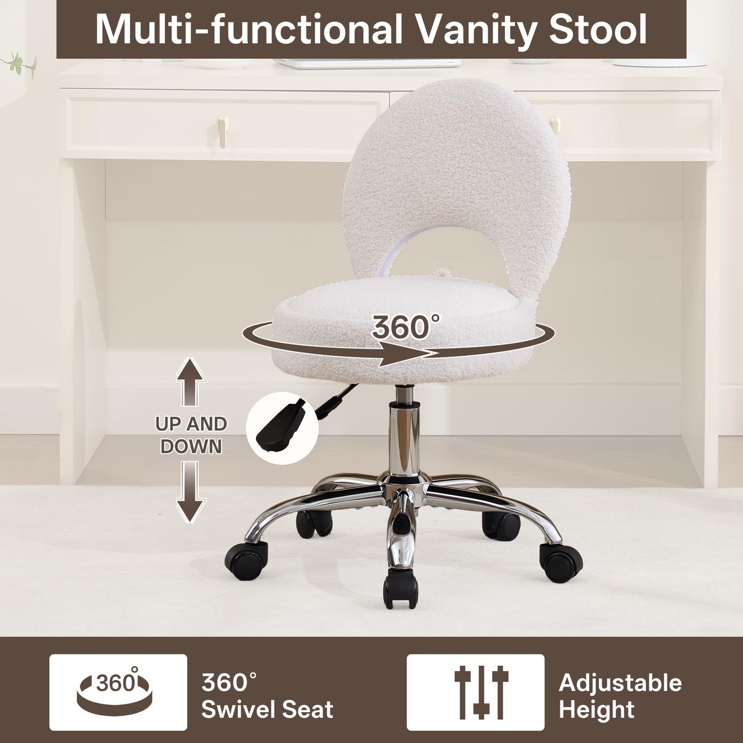 Forfutra Home Office Chair Foldable Vanity Chair Vanity Stool with Storage 15.8" Spacious Seat 360° Swivel Height Adjustable White