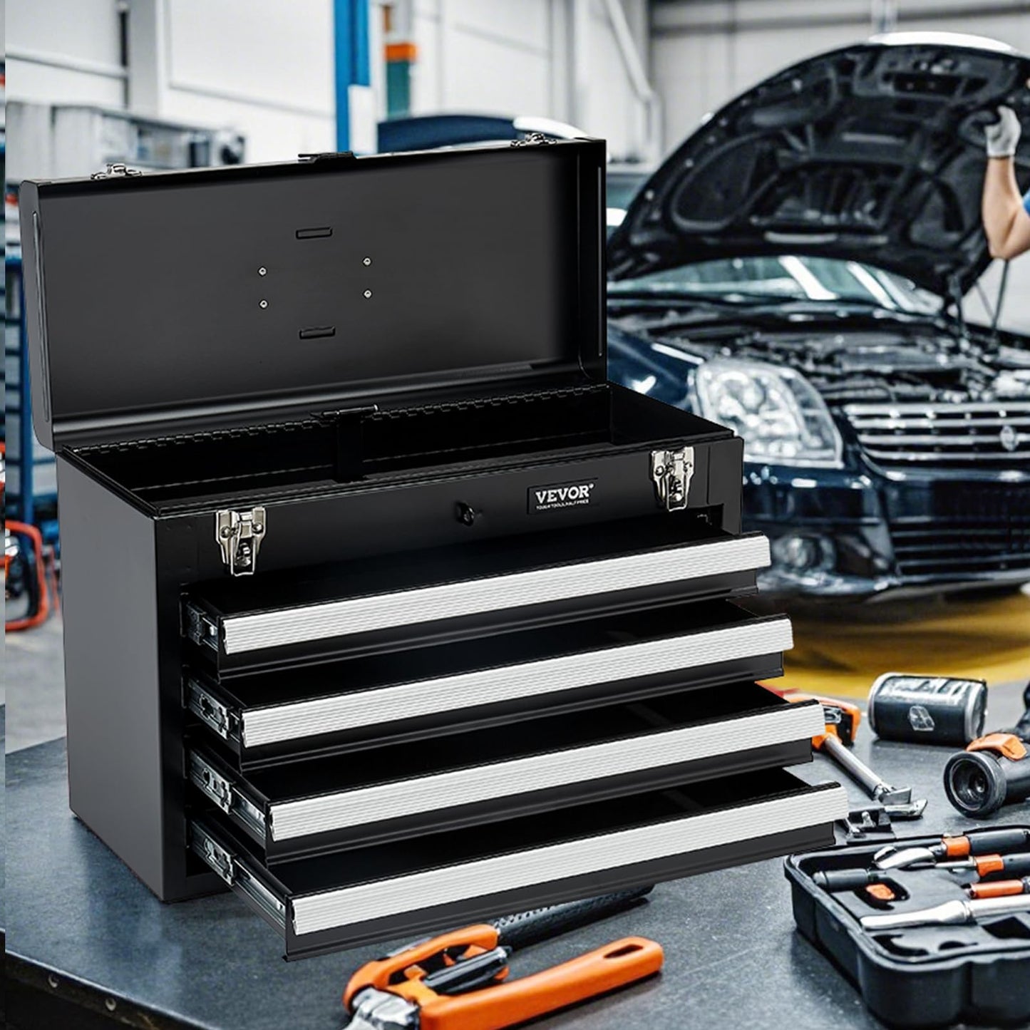 VEVOR Metal Tool Box, 20.5-inch, Portable Metal Tool Box with 4 Drawers, Small Tool Chest with EVA Liners, Ball Bearing Slide Drawers Locking & Powder Coated Finish, Multi-Function Tool Organizer