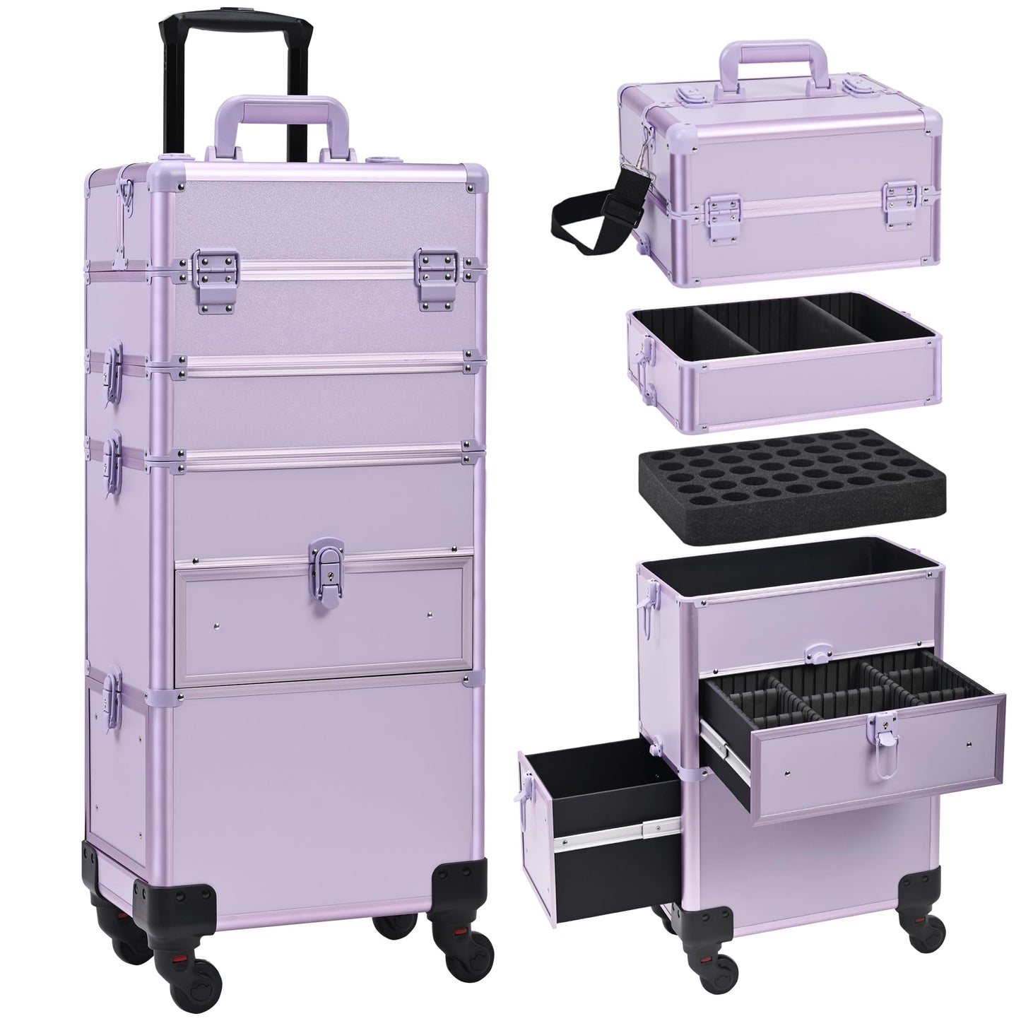 Somduy Rolling Makeup Case with Drawer, Makeup Train Case, 4 in 1Cosmetology Case on Wheels, Christmas Gift, Large Makeup Case Organizers, Profesional Cosmetic Case for Salon Barber, Purple