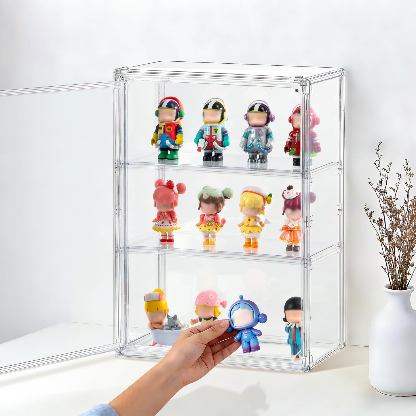 1 Pack ﻿3-Tier Clear Acrylic Display Case Wall-Mounted & Stackable Organizer with Magnetic Door, Dustproof Storage Cabinet for Collectibles Handmade Models (1, 10.6"(L) x 5.1"(W) x 14.2"(H))